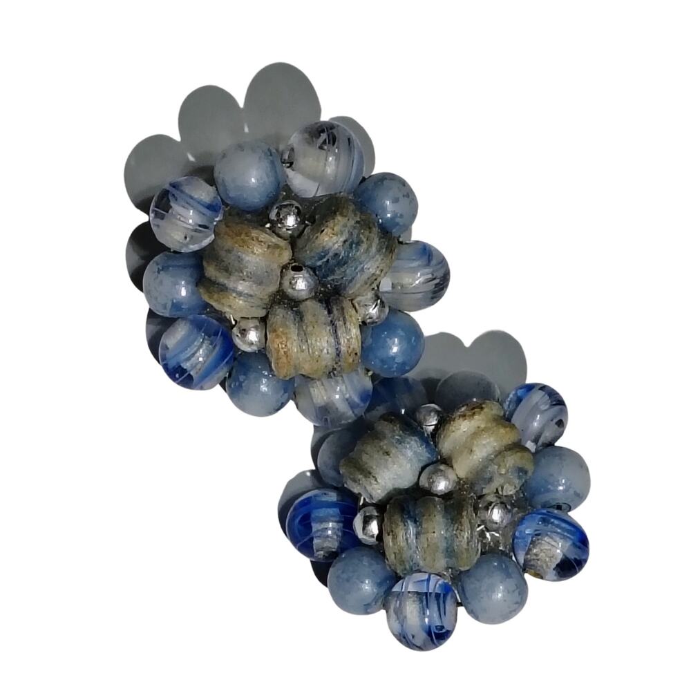 50s MCM Japan Blue Art Glass Beaded Button Clip-On Cluster Fairycore Earrings